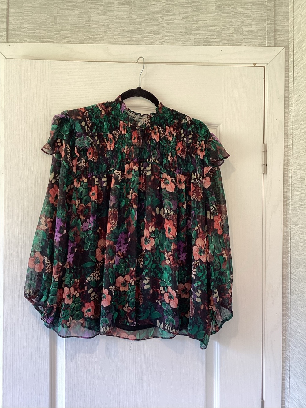 Cato Floral Smocked Ruffle Blouse - Green/Purple/Pink 22/24W EUC